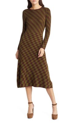 MOON RIVER Checkered Long Sleeve Midi Sweater Dress in Brown