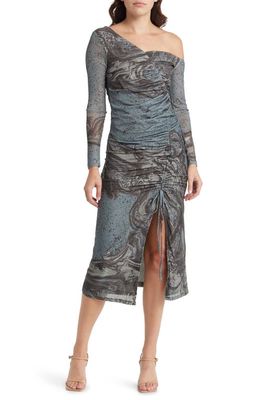 MOON RIVER Dimaru Ruched Long Sleeve Midi Dress in Sage Multi