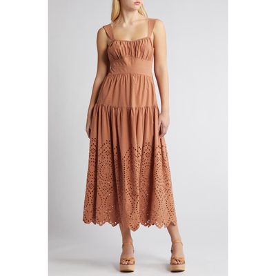 MOON RIVER Eyelet Cotton Midi Sundress in Terracotta 