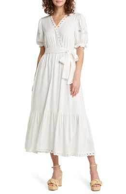 MOON RIVER Eyelet Trim Linen & Cotton Midi Dress in White