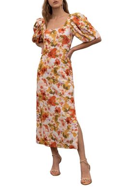 MOON RIVER Floral Cutout Puff Sleeve Midi Dress in Orange Multi