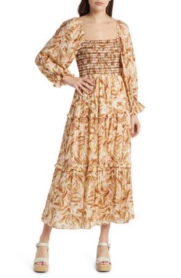 MOON RIVER Floral Smocked Long Sleeve Midi Dress in Brown Multi