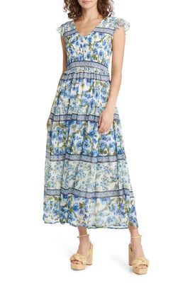 MOON RIVER Floral Smocked Maxi Dress in Blue Multi