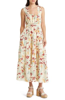 MOON RIVER Floral Smocked Tiered Crossover Back Midi Sundress in Ivory Multi