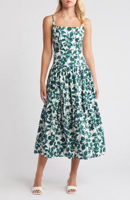 MOON RIVER Floral Tiered Cotton Dress in Green Multi 