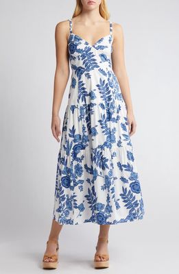 MOON RIVER Floral Tiered Cotton Midi Dress in Blue Multi