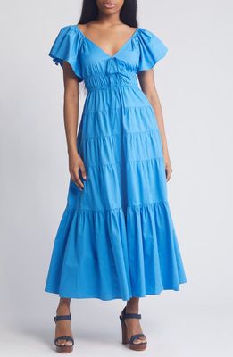 MOON RIVER Flutter Sleeve Tiered Stretch Cotton Maxi Dress in Blue