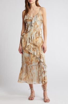 MOON RIVER Marble Print Ruffle Midi Dress in Beige Multi