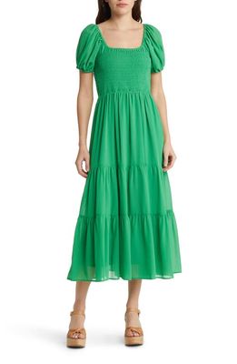 MOON RIVER Puff Sleeve Smocked Dress in Green
