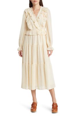 MOON RIVER Ruffle Clip Dot Long Sleeve Chiffon Midi Faux Wrap Dress in Cream