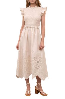 MOON RIVER Ruffle Eyelet Smocked Stretch Cotton Dress in Cream