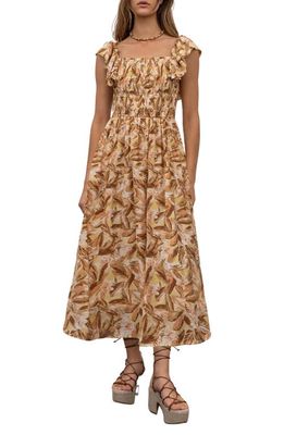 MOON RIVER Ruffle Smocked Midi Dress in Brown Multi