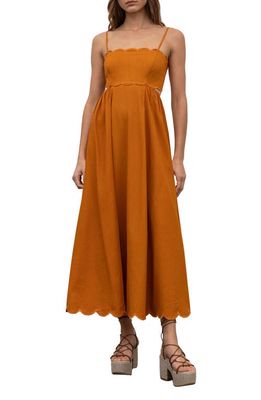 MOON RIVER Scalloped Linen & Cotton Midi Dress in Amber