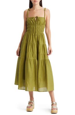 MOON RIVER Shirred Waist Tiered Maxi Dress in Olive