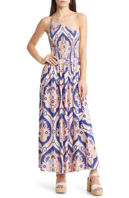 MOON RIVER Smocked One-Shoulder Maxi Dress in Peach Multi