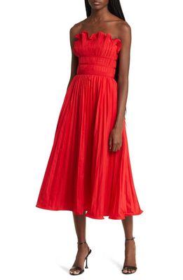 MOON RIVER Strapless Pleated Midi Dress in Red