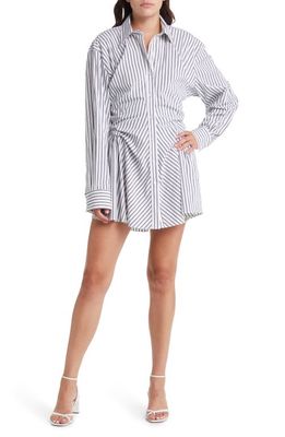 MOON RIVER Stripe Ruched Long Sleeve Shirtdress in White