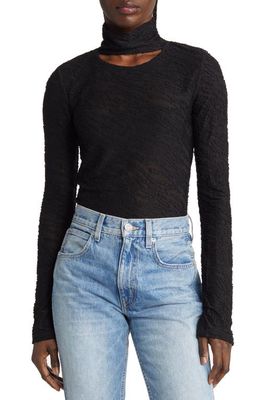 MOON RIVER Textured Long Sleeve Cutout Turtleneck Top in Black