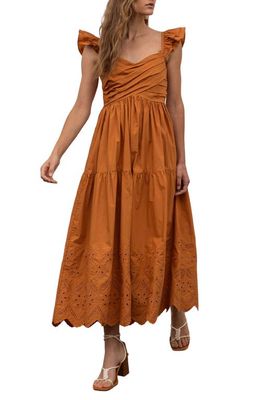 MOON RIVER Tiered Smocked Eyelet Stretch Cotton Dress in Sienna