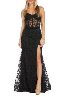 Morgan & Co. 3D Floral Strapless Mermaid Gown in Black/Nude