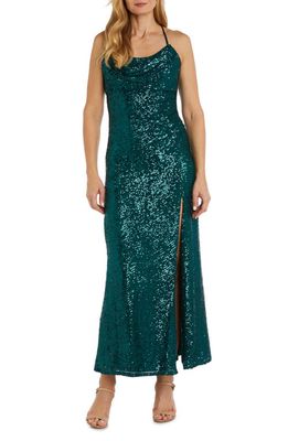 Morgan & Co. Cowl Neck Sequin Crossback Body-Con Gown in Emerald