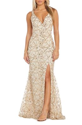 Morgan & Co. Deco Sequin Open Back Gown in Light Beige/gold