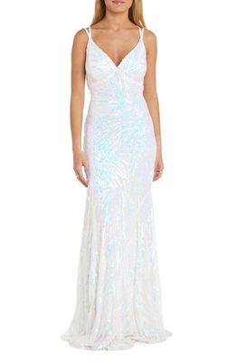 Morgan & Co. Feather Pattern Sequin Gown in White/Rainbow