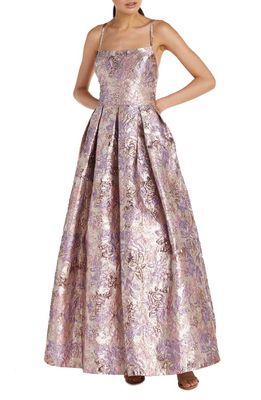 Morgan & Co. Floral Brocade Back Cutout Ballgown in Lavender/Pink