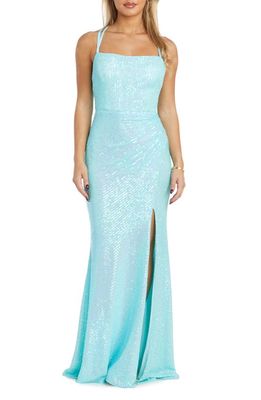 Morgan & Co. Iridescent Strappy Sequin Gown in Aqua/Marine