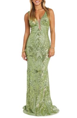 Morgan & Co. Sequin Embellished Column Gown in Lime 