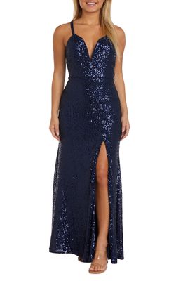 Morgan & Co. Sequin Embellished Gown in Navy/Teal