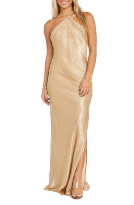 Morgan & Co. Shimmer Halter Gown in Gold