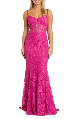 Morgan & Co. Sleeveless Lace Corset Mermaid Gown in Hot Pink
