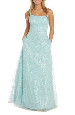 Morgan & Co. Square Neck Sequin A-Line Gown in Sage