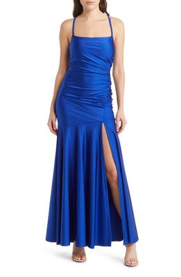 Morgan & Co. Square Neck Stretch Satin Gown in Royal