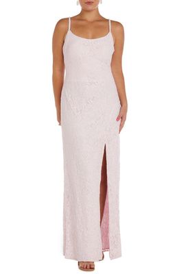 Morgan & Co. Strappy Back Lace Column Gown in Pink