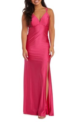 Morgan & Co. Stretch Satin Evening Gown in Hot Pink