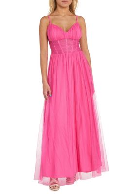Morgan & Co. Sweetheart Neck Corset Tulle Gown in Hot Pink