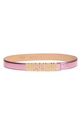 Moschino Crystal Logo Leather Belt in Fantasy Print Pink
