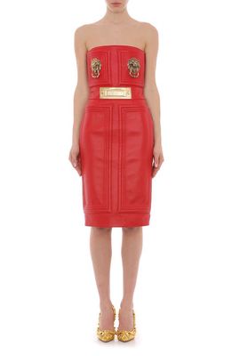 Moschino Door Knocker Strapless Leather Dress in Fantasy Print Red