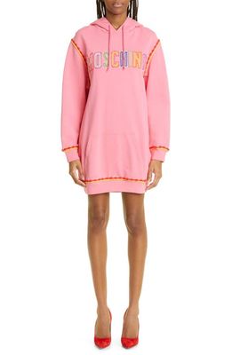 Moschino Embroidered Logo Long Sleeve French Terry Hoodie Dress in Fantasy Print Fucsia