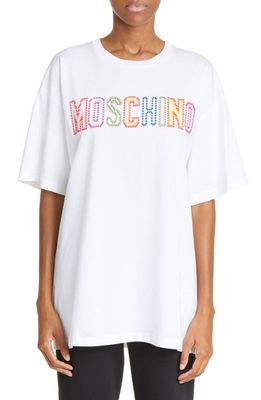 Moschino Embroidered Logo Oversize Cotton T-Shirt in Fantasy Print White