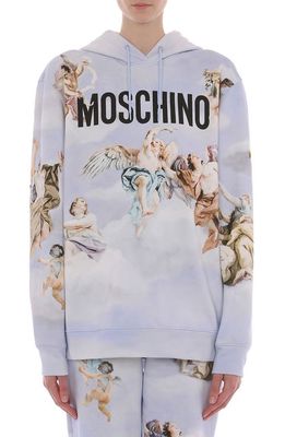 Moschino Fresco Print Logo Cotton Hoodie in Fantasy Print Light Blue