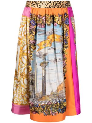 Moschino graphic-print silk midi skirt - Yellow