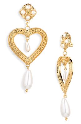 Moschino Imitation Pearl Embellished Heart Drop Clip-On Earrings in A1606 Fantasy Print Shiny Gold