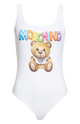 Moschino Inflatable Bear Logo One-Piece Swimsuit in Fantasy Print White