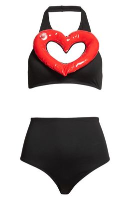 Moschino Inflatable Heart Two-Piece Swimsuit in Fantasy Print Black