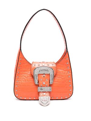 MOSCHINO JEANS crystal-embellished buckle leather shoulder bag - Orange