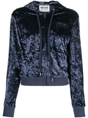 MOSCHINO JEANS logo-embroidered velvet hooded jacket - Blue