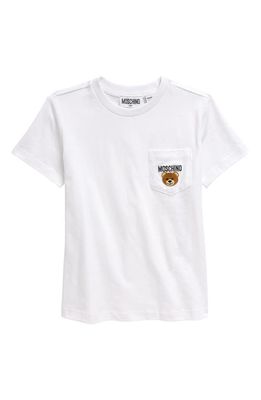 Moschino Kids' Bear Patch Pocket Cotton T-Shirt in 10101 Optic White